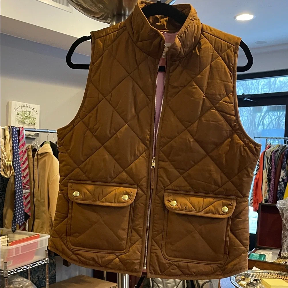 J.Crew Brown Quilted Vest Pink Lining Zip Pockets Size Small